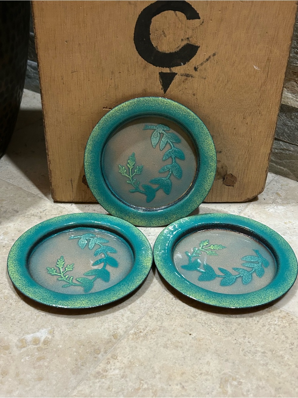vintage handmade enamel on copper decorative Drink Coaster Set of 3